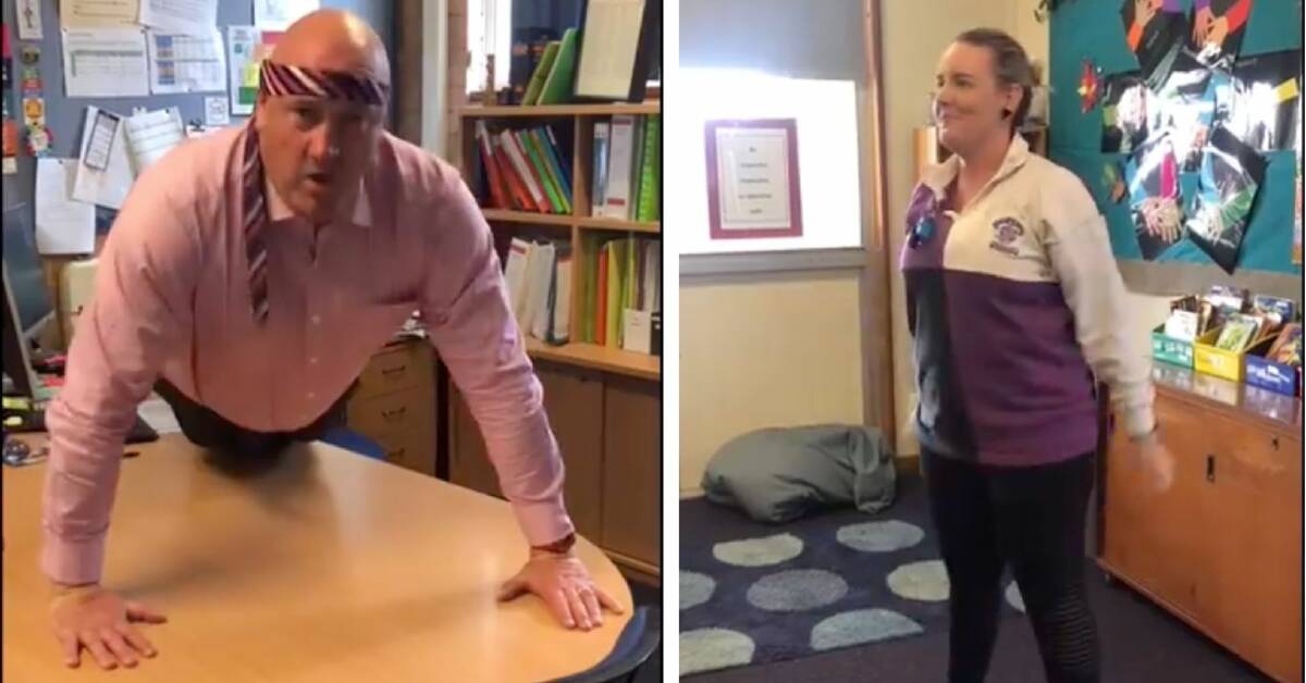 FITNESS FUN: Chris Sutton and Kate Street conduct their exercises in Glenroi Height Public School's alphabet exercise video. 