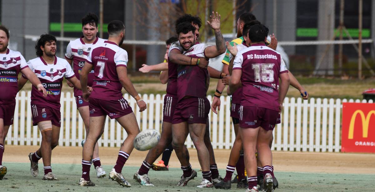 Wellington celebrate a try from captain-coach Justin Toomey-White. Picture by Jude Keogh 