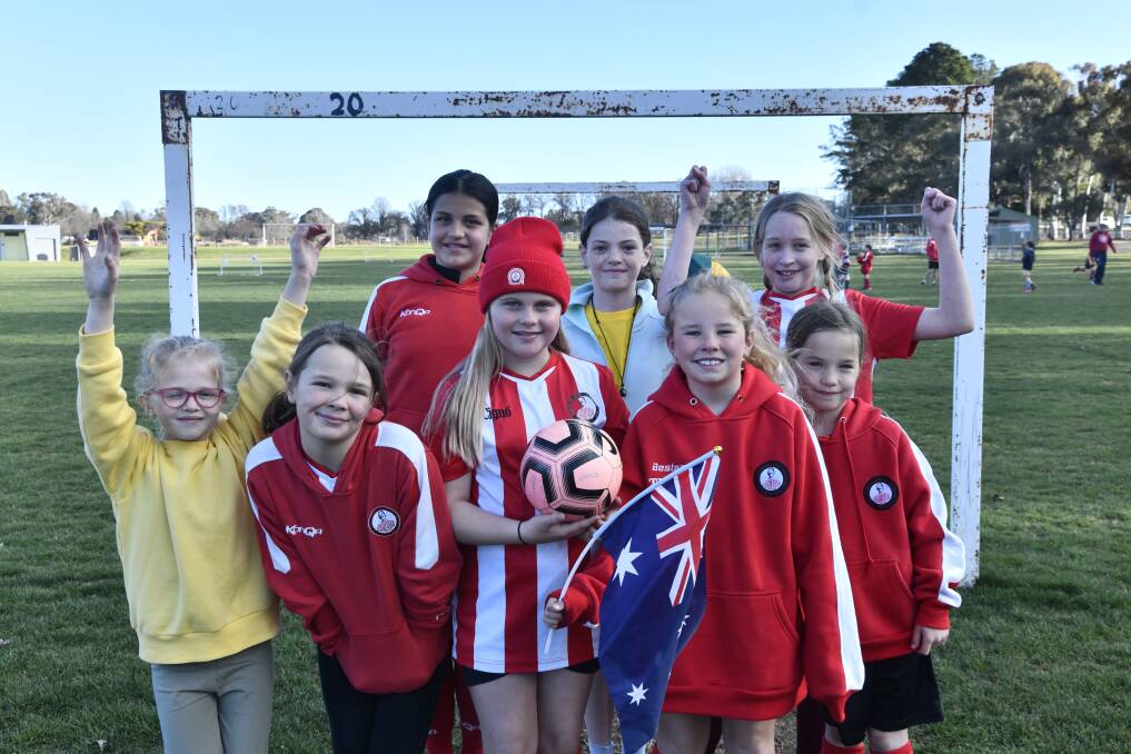 (Front) Alaina Daley, Arlie Towns, Ruby Phillips, Marlee Goodwin, Nora Howarth,
(back) Tara Manning, Isobel Myers and Evie Parton are ready to cheer on their Matildas heroes. Picture by Carla Freedman