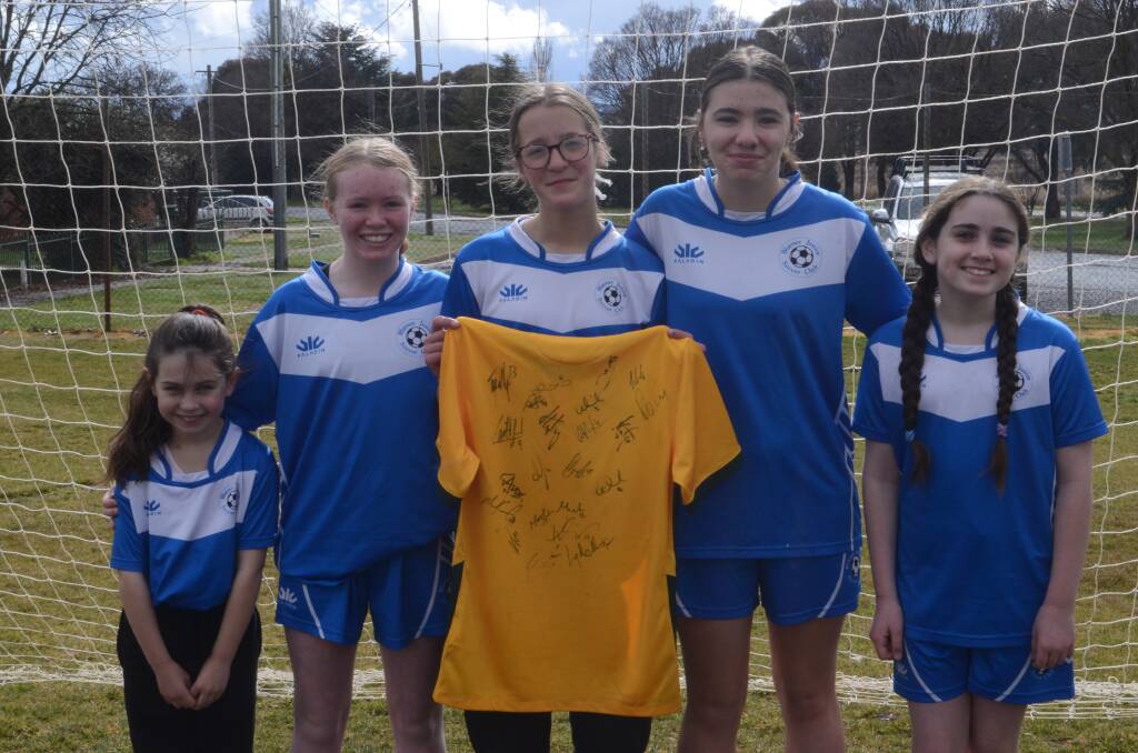 Emma Alderton, Dani Gogue, Emma Dowsett, Jamie Swan and Maddie Matheson from Blayney Soccer Club. Picture by Dominic Unwin