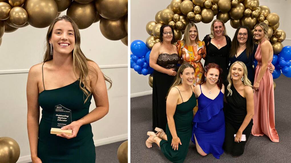 Kiddie Academy Orange's Yasmin Dolbel crowned Outstanding Diploma Educator in 2023 Central West Early Childhood Awards (left) with childcare centre colleagues. Pictures from Kiddie Academy Facebook page.