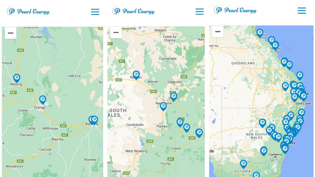 Shots of Pearl Energy locations in Molong, Orange and Bathurst (left), the wider Central West (centre) and sites along the eastern states of Australia. Pictures from Pearl Energy wesbite.