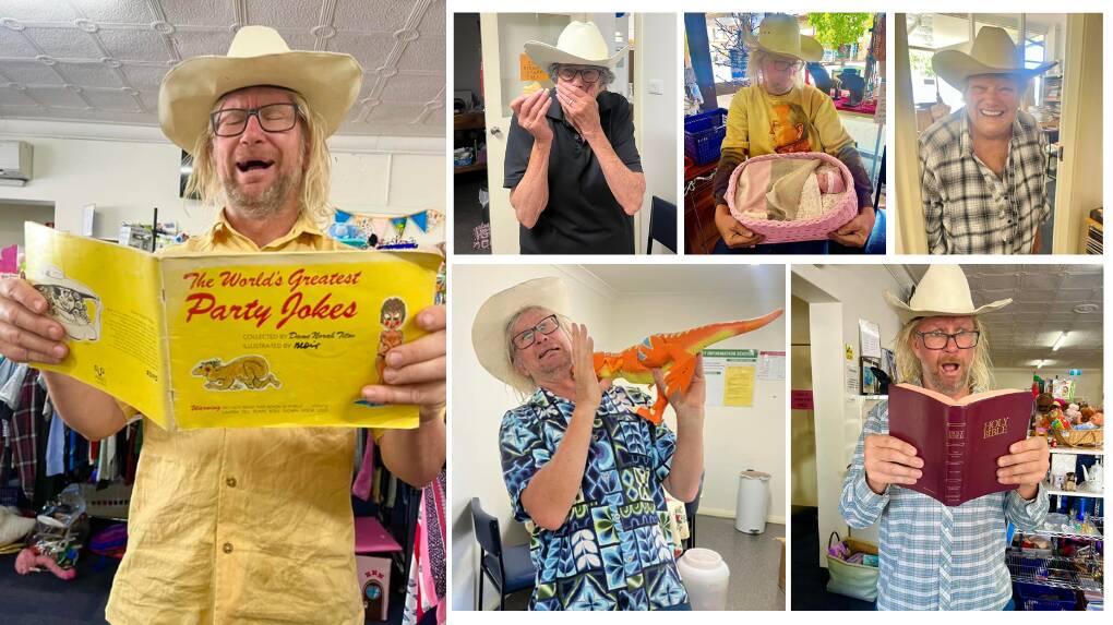 Tim Oxley brings 'laughter and mischief' to Molong Vinnies every Wednesday, publishing posts to Facebook to spread the joy. Pictures supplied.