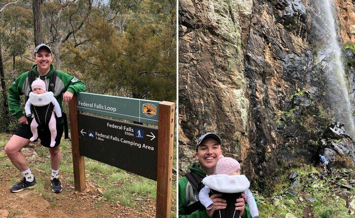 One of those brave parents to strap a kid to their body, Nick McGrath conquers Federal Falls while carrying his easy-riding daughter in 2020. Pictures supplied.