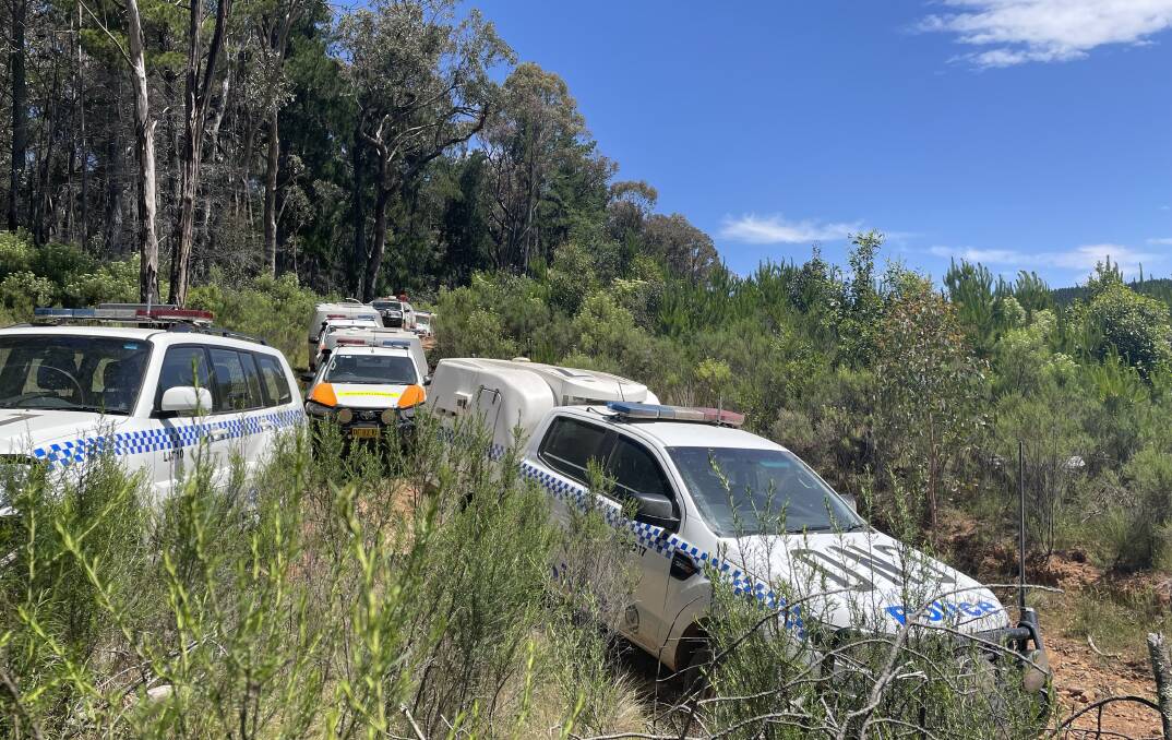 Emergency vehicles at the search site for missing person Esther Wallace near Federal Falls at Mount Canobolas, Orange on Sunday afternoon. 