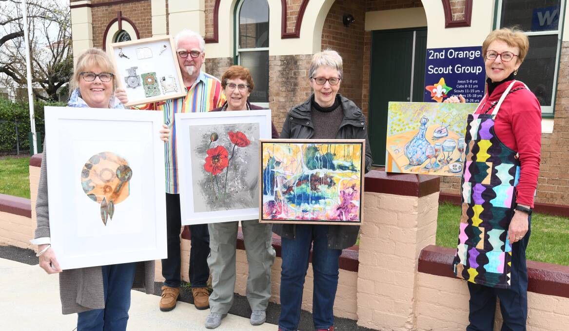 Colour City Creatives artists (from left to right) Toni Bilton, Phil Salmon, Jenny davidson, Margot Huebner, and Trish Lovecek. The Aperitif exhibition will run from Friday at 2nd Orange Scout Hall on Kite Street as part of the 2022 Orange Wine Week. 