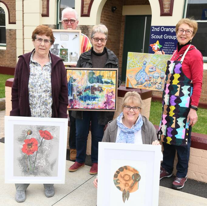Colour City Creatives artists (from left to right) Jenny davidson, Phil Salmon, Margot Huebner, Toni Bilton, and Trish Lovecek. The Aperitif exhibition will run from Friday at 2nd Orange Scout Hall on Kite Street as part of 2022 Orange Wine Week. 