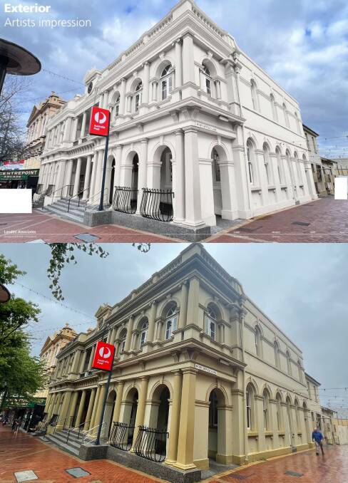 Orange Post Office in its current state (bottom) and renovation renders (top). 