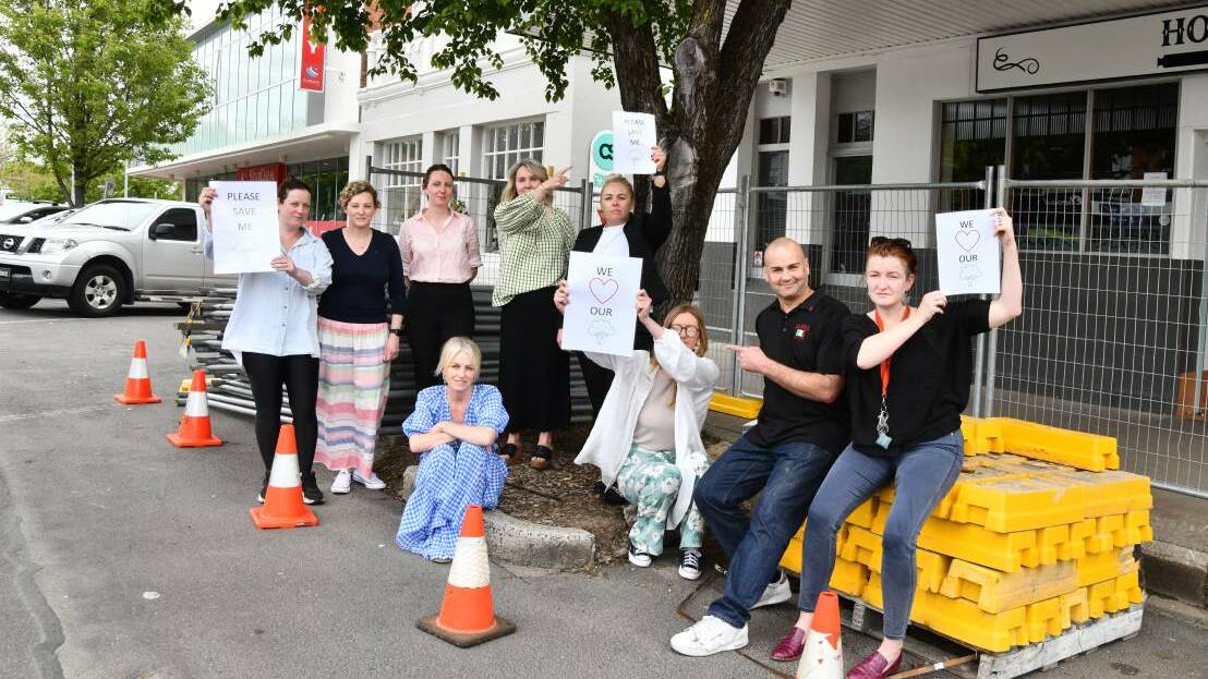 Business owners protest tree removals on Lords Place, Orange. (From left to right) Maddy Howell, Leanne Kennedy, Kirsty Evans, Sally Dowling, Alice Byrnes, Dannielle Ford, Tessa Rochelli, Salvo Sciuto, and Anna Noonan.
