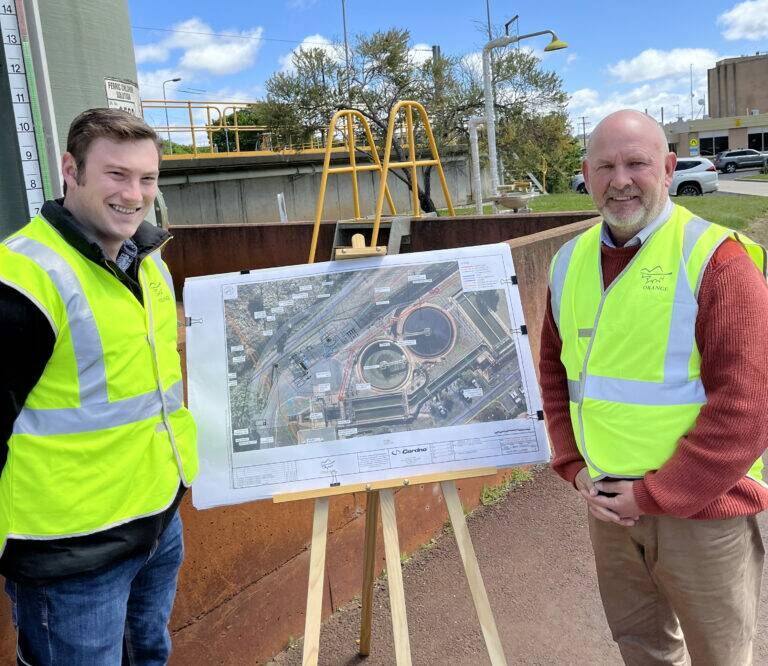 Councillor Jack Evans (left) and Mayor Cr Jason Hamling (right) at an event for the project commencement on Tuesday. Picture by Orange City Council. 