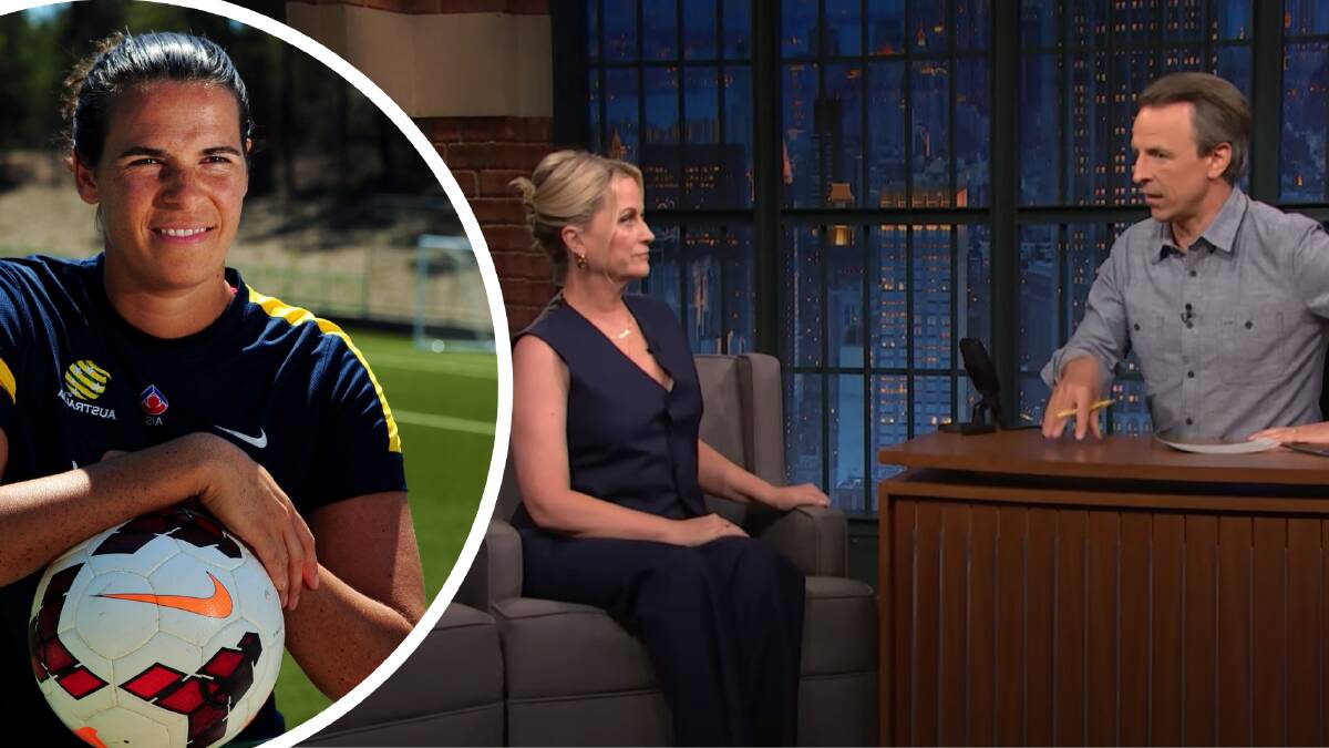 Matildas goal keeper Lydia Williams (left) and comedian Amy Poehler on Late Night with Sath Meyers. Picture Late Night with Seth Meyers/file picture