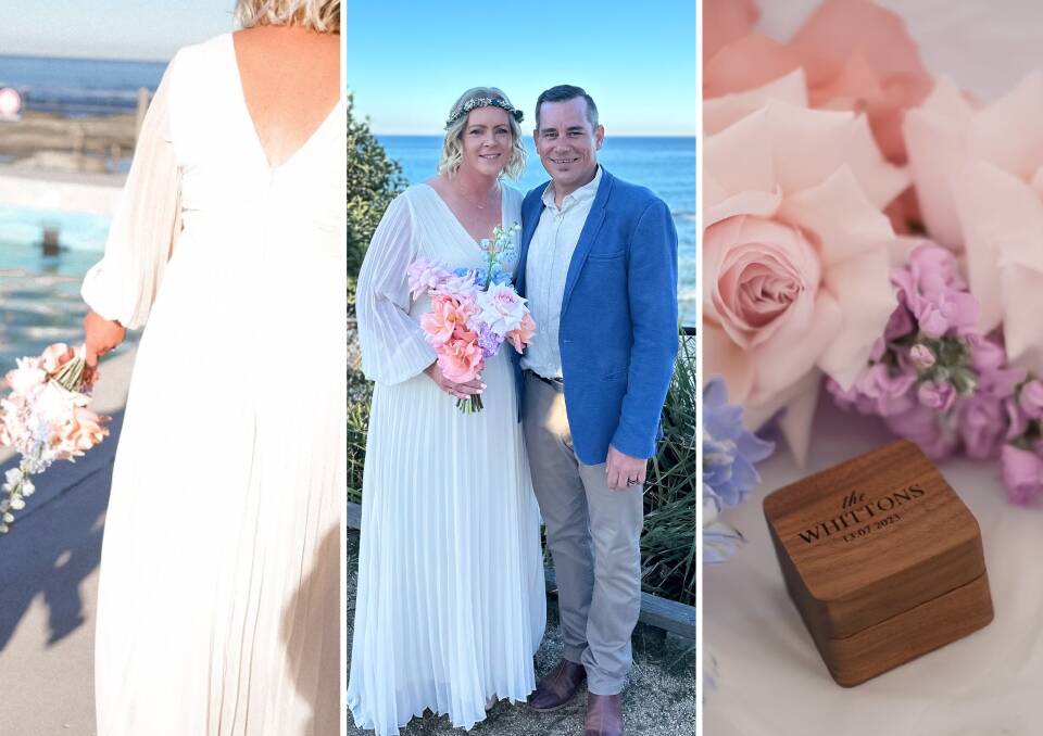 A collage of Kass and Luke Whitton's wedding day including a photo of Kass walking alongside a pool, the happy couple in front of the beach and a photo of the ring box and bouquet. Pictures are supplied