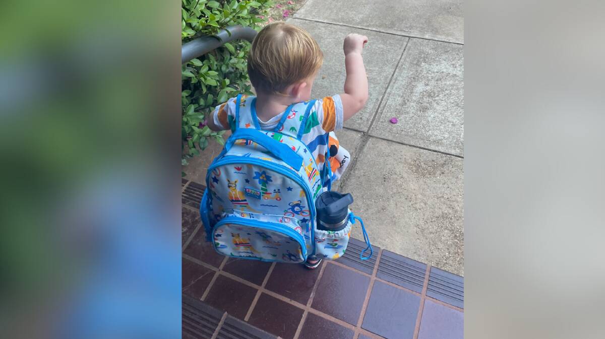 Mr Two-Year-Old independently wearing his backpack, despite it slowing down the morning pace. Picture is by Grace Ryan