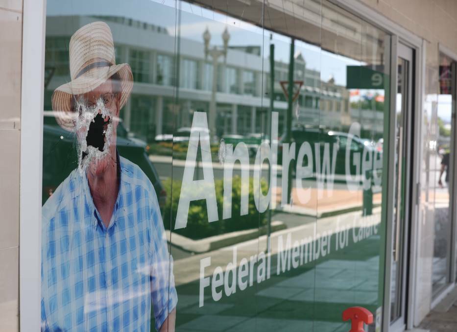 The damage to Member for Calare Andrew Gee's Bathurst office on February 17, 2023. Picture by the Western Advocate