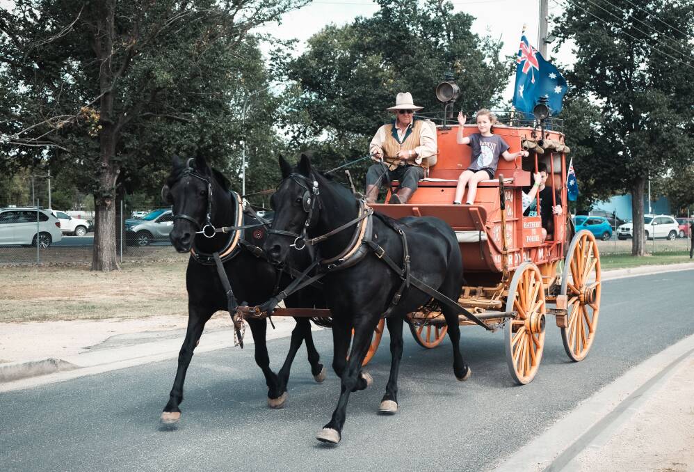 Robert Traves and Annabelle Wilkie on the Cobb and Co Coach led by Xena and Xarr at the 2024 Heritage Trades Trail. Picture by James Arrow