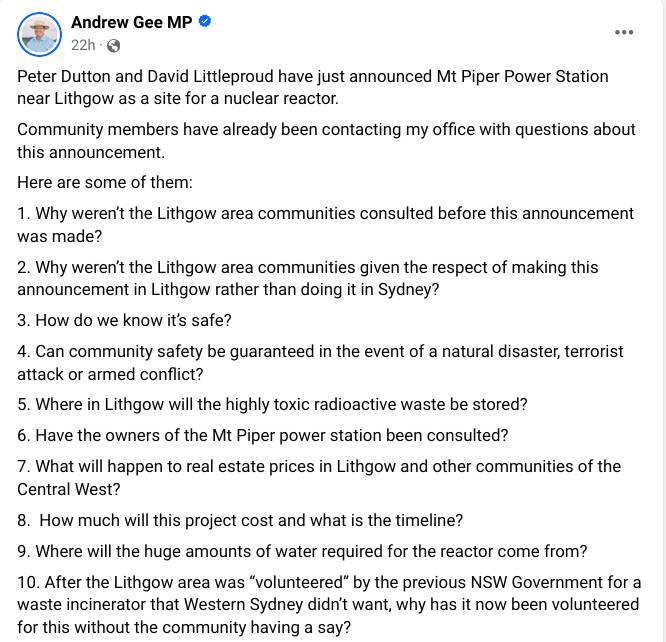 Some of the initial questions from Member for Calare Andrew Gee.