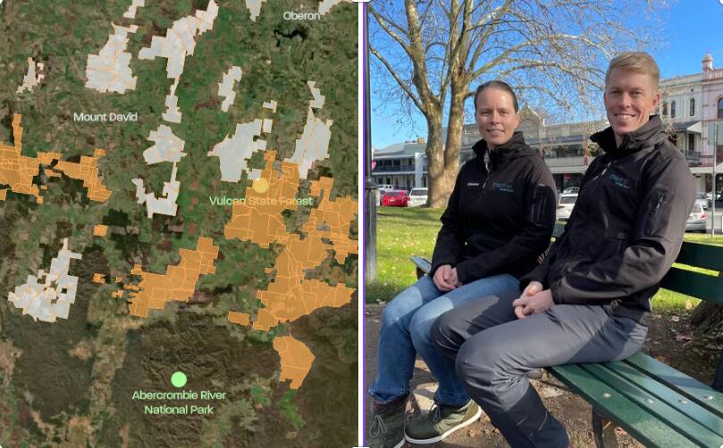 Part of the area south of Oberon under investigation for a wind farm (left; image from The Pines Wind Farm) and The Pines Wind Farm project director Joanna Murphy and Stromlo Energy director Matthew Parton.