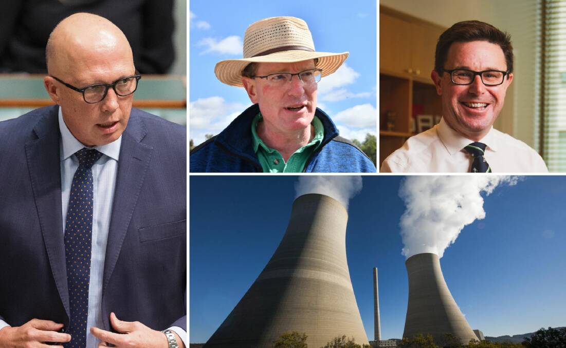 Clockwise from left, Federal opposition Leader Peter Dutton, member for Calare Andrew Gee, leader of the Nationals David Littleproud and a Mount Piper station. 