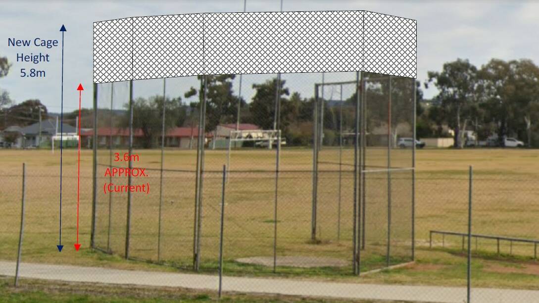 The existing nets at Canowindra's sports ground and the required height for new netting. 
