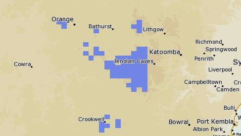 The snow forecast for the Central West on Friday evening at 10pm. Picture by the Bureau of Meteorology