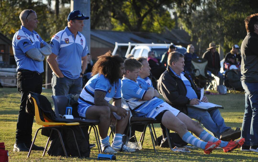 Group 10 coach Graeme Osborne and his bench during the 2019 rep fixture. A 15-man Group 10 overcame Group 11 to win the clash. Picture by Nick McGrath