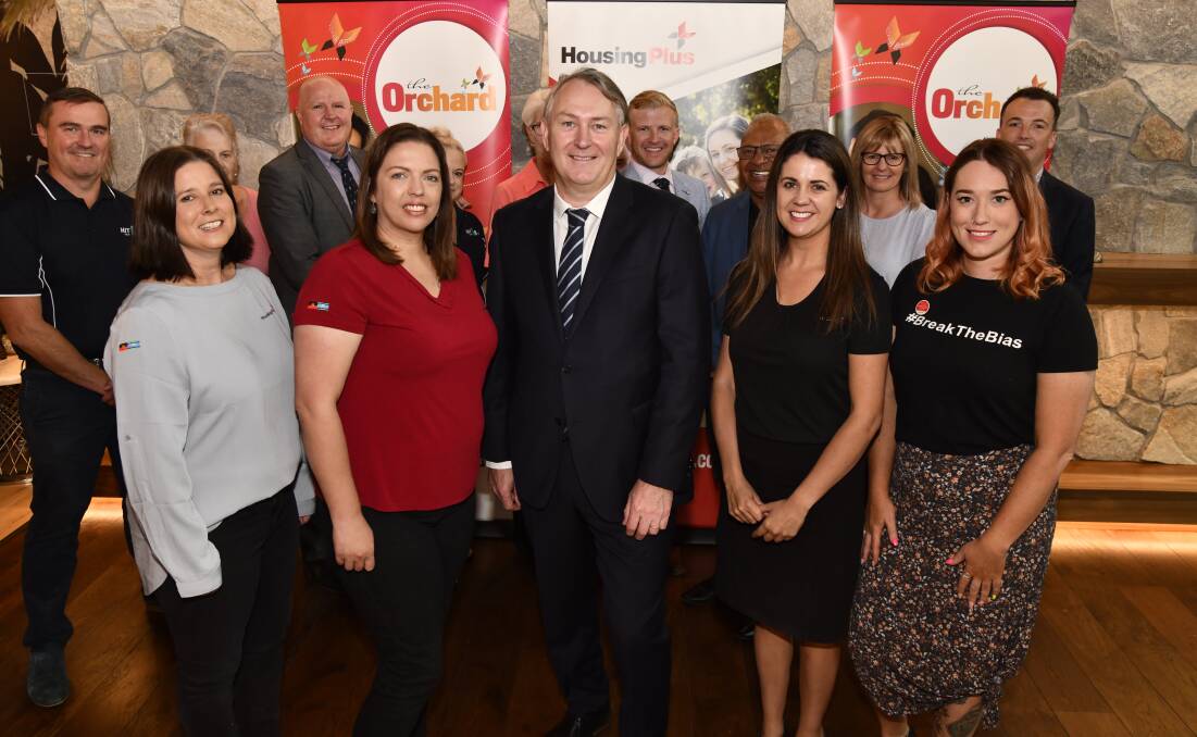 Housing Plus marketing, communications and events coordinator, Rochelle Monaghan, Bec Bohan, CEO David Fisher, Jenna Hattersley, the The Orchard manager Bernie Allen with sponsors at the White Tie Ball launch. Picture by Jude Keogh 
