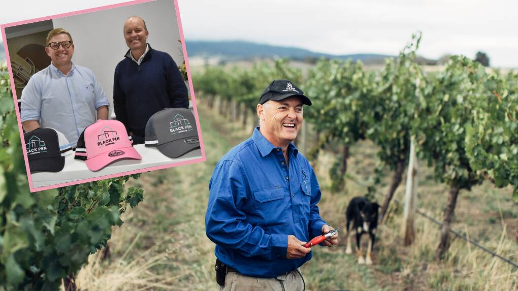See Saw Wines owner Justin Jarrett in his sustainable vineyard. Picture supplied Inset, Black Pend Lending mortgage advisers Glenn Atkinson and Matthew Derham. Picture by Riley Krause 