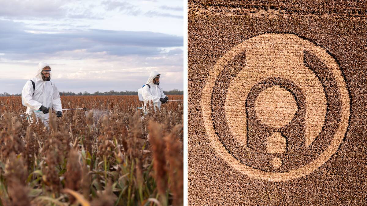 Actors in hazmat suits (left) and a crop circle in Narromine in the shape of a Lego Minifigure which was created as part of a marketing ploy for the brand's new Lego Space range. Picture supplied