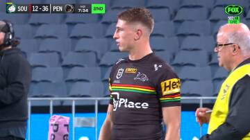 Jack Cole preparing to come on for his second career NRL game. Picture by Fox Sports/Kayo