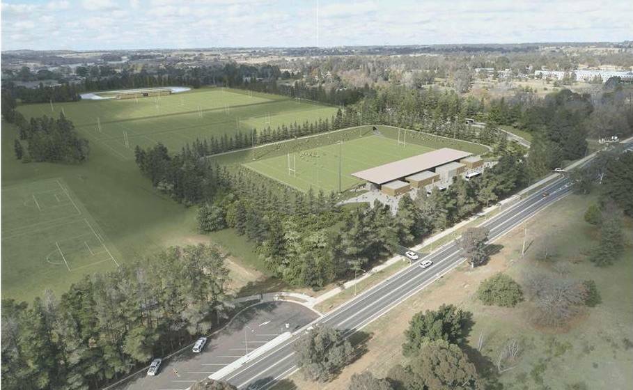 FUTURE VIEW: How the sports precinct will look with the main arena and grandstand near Forest Road in this image prepared for Orange City Council.