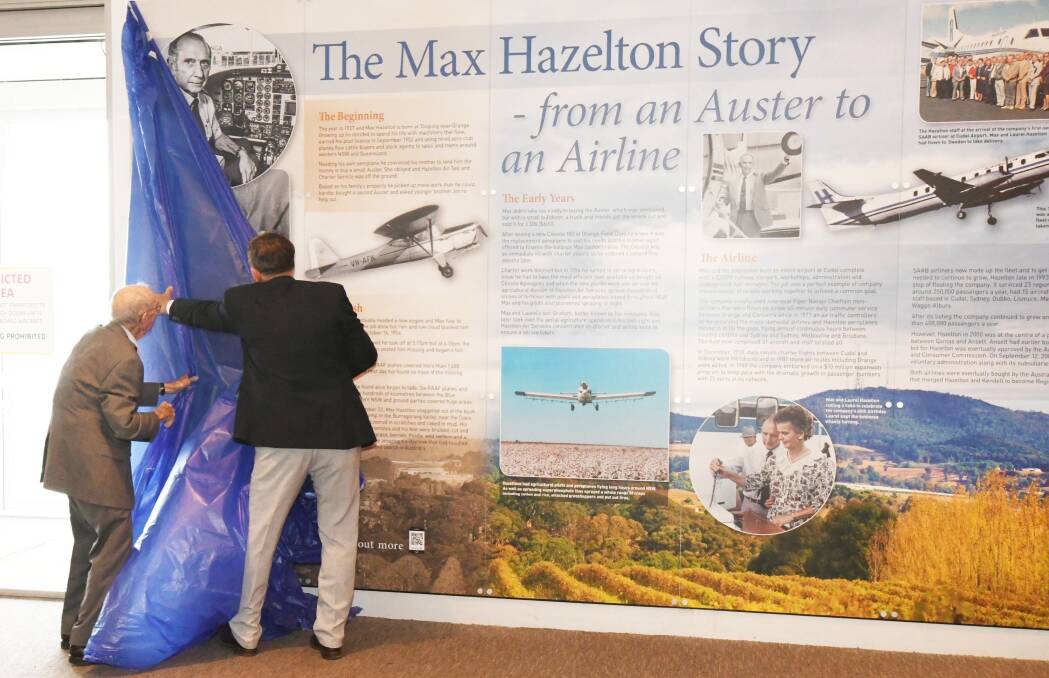 Max Hazelton and then-mayor Reg Kidd at Orange Regional Airport unveiling in 2020. Picture by Carla Freedman,