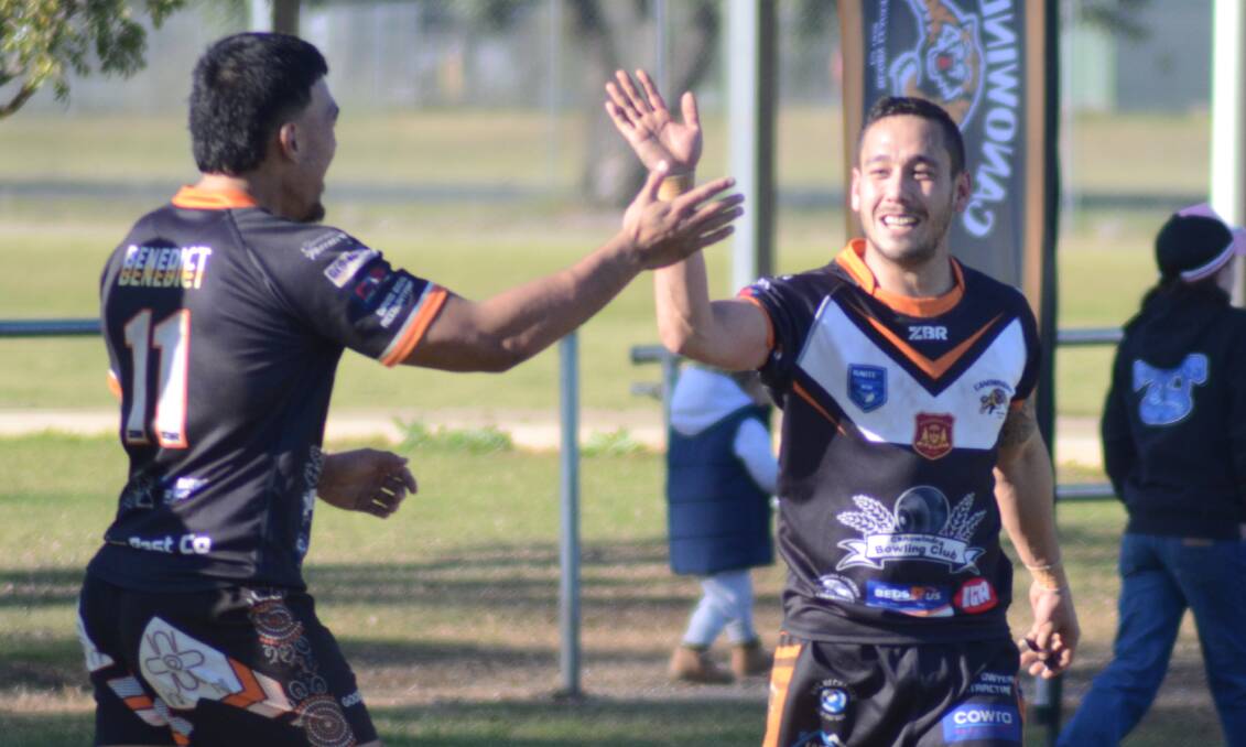 Canwindra fullback Ryan Clarke celebrates his second try of the game against the Grenfell Goannas on July 23. Picture by Riley Krause