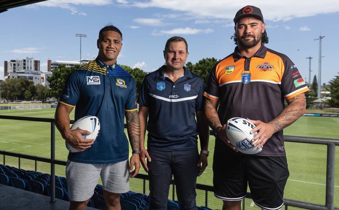 Newcastle Rugby League general manager Adam Devcich (centre) with ex-NRL players Peter Mata'utia (left) and David Fifita. Picture by Marina Neil