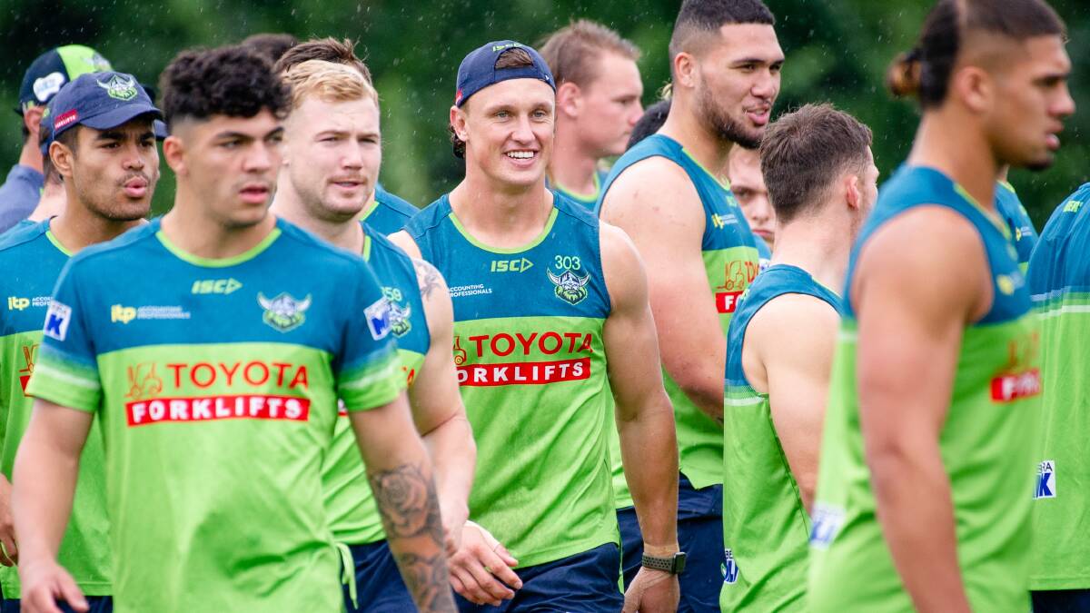Jack Wighton, centre, is in Australia's World Cup squad. Hudson Young, left of Wighton, has missed out. Picture by Elesa Kurtz