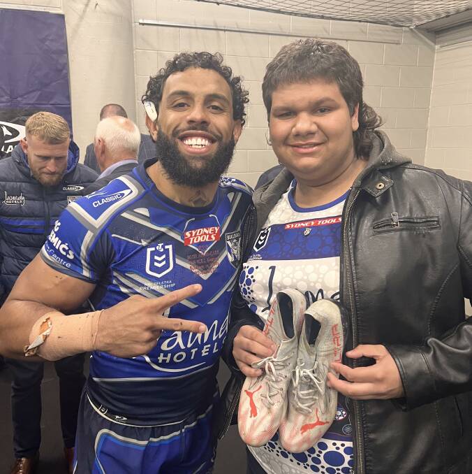 Canterbury-Bankstown Bulldogs winger Josh Addo-Carr and Anson Street student Arky Bennett. Picture supplied 