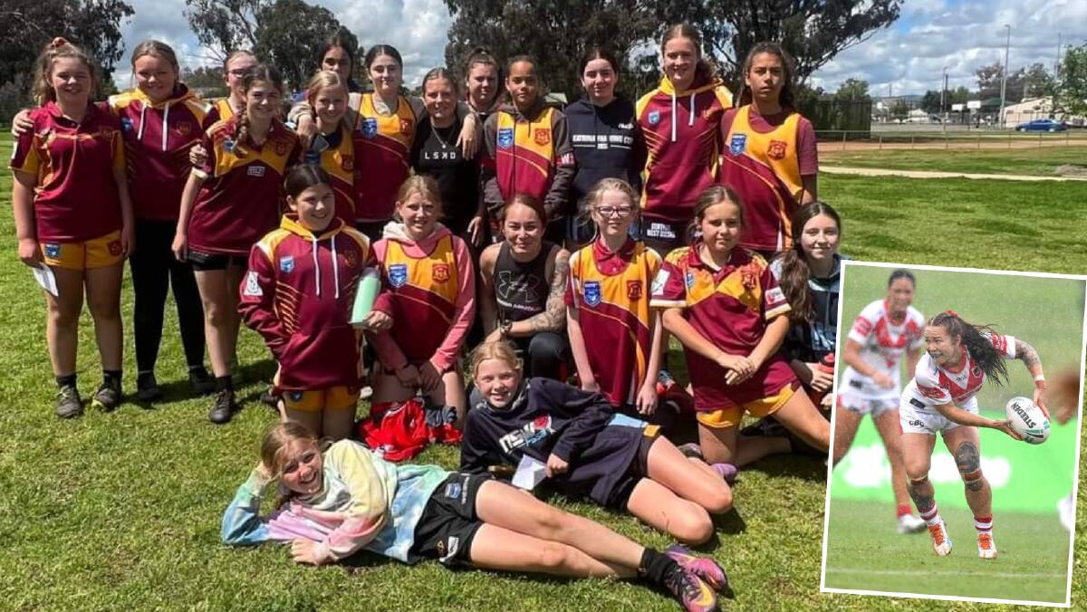 Woodbridge Women's under 14s side with Renee Targett and Targett playing for the Dragons (inset). Main picture supplied, inset by St George Illawarra Dragons media. 