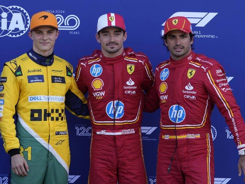 Charles Leclerc (C) is on Moanco GP pole, with Oscar Piastri (L) second and Carlos Sainz third. (AP PHOTO)