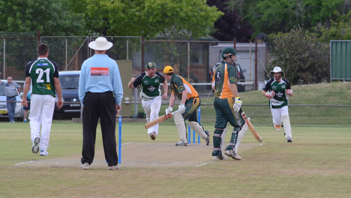 HIGH FIVE: Orange City's Mark Toynton (No.21) watches CYMS batsman Dave Neil chop the ball on his stumps in last Friday night's Royal Hotel Cup clash at Wade Park. Photos: JUDE KEOGH  1031wadecrick3