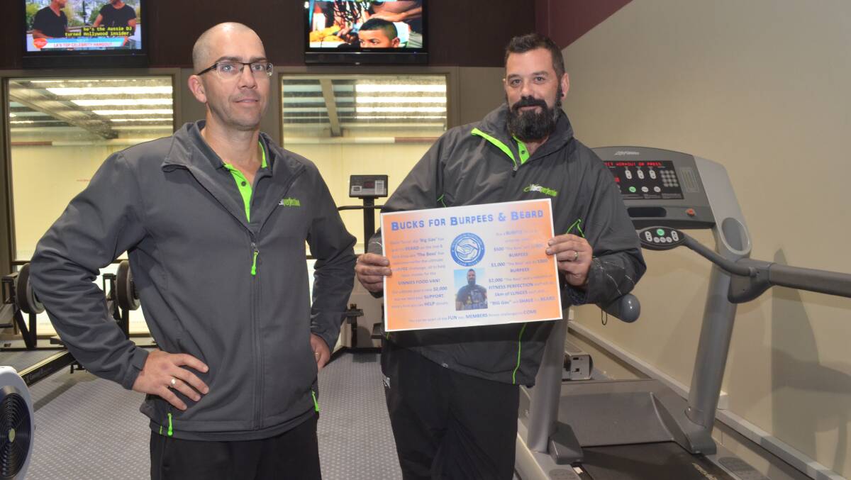 BUCKS FOR BURPEES: Fitness Perfection Health Club and Gym owner Nick Gray with trainer Gavin Taylor prepare to complete 1000 burpees to raise $2000 for the Vinnes food van. Photo: DECLAN RURENGA 0531drburpees1